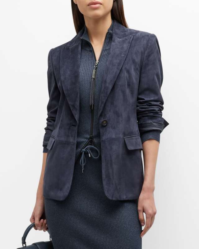 Suede Blazer Jacket with Monili Trim
